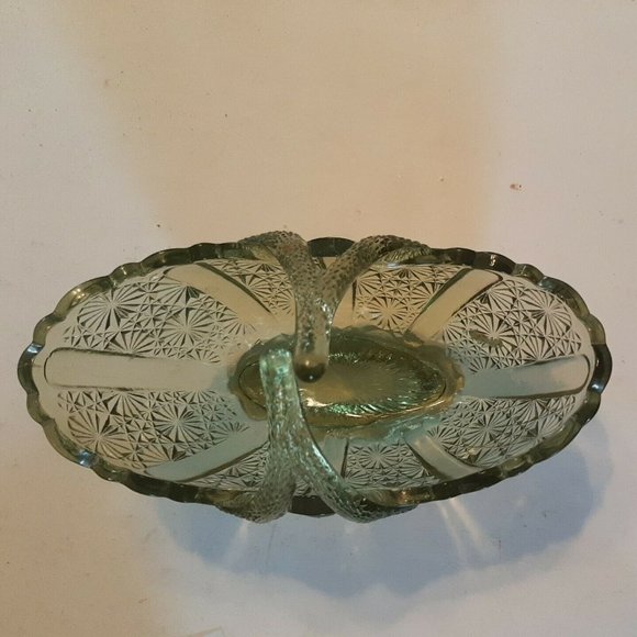 Fenton Green Glass Daisy and Button Oval Basket Split Twig Handle - Picture 6 of 11